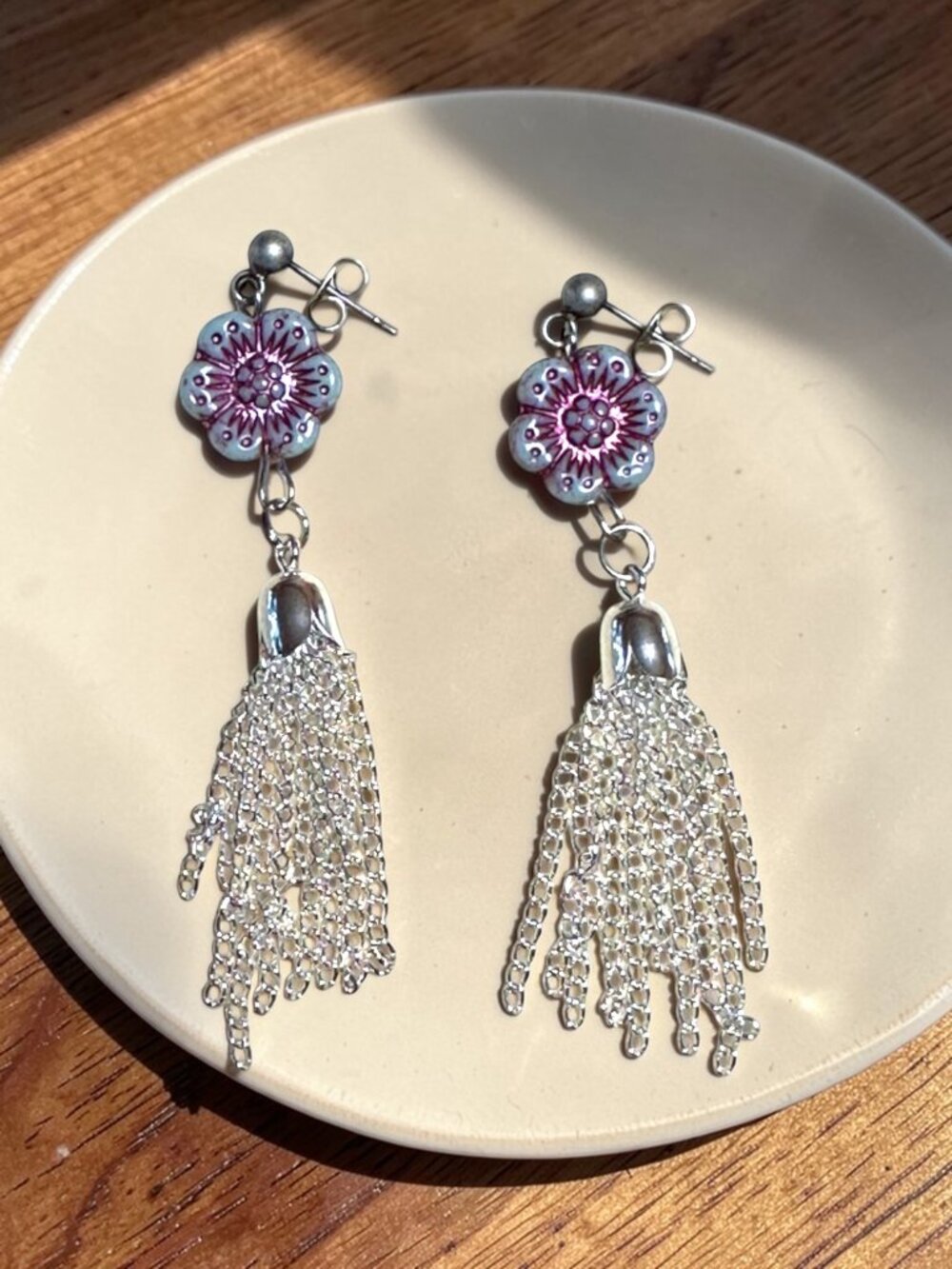 Czech Glass Flower Tassel Earrings Stainless Steel Floral Dangle 2.75"